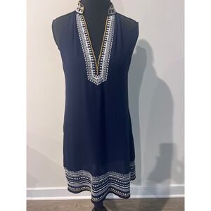 THML Navy Embroidered V-Neck Sleeveless Dress Size S Classic Summer Office